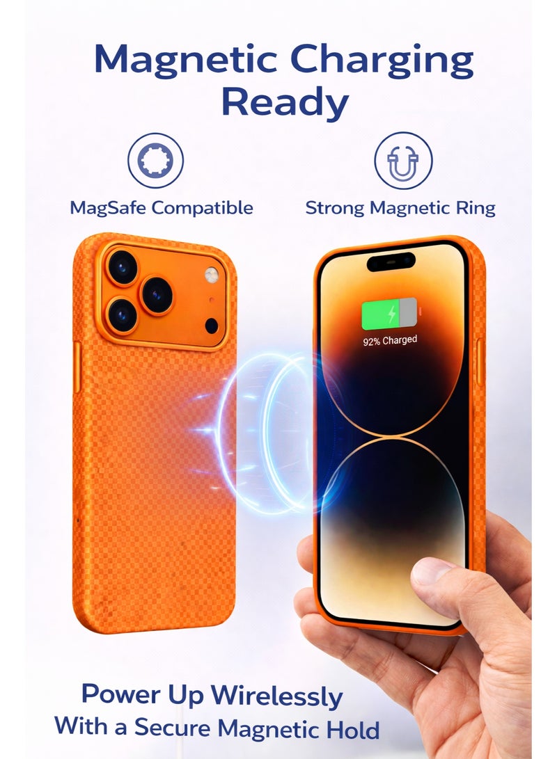 iPhone 17 Pro Mobile cover Aramid Carbon Fiber Case – Orange Woven Texture, Metallic Camera Bezel, Slim Magnetic Protective Cover, 5G Signal Friendly Phone Case - Image 4